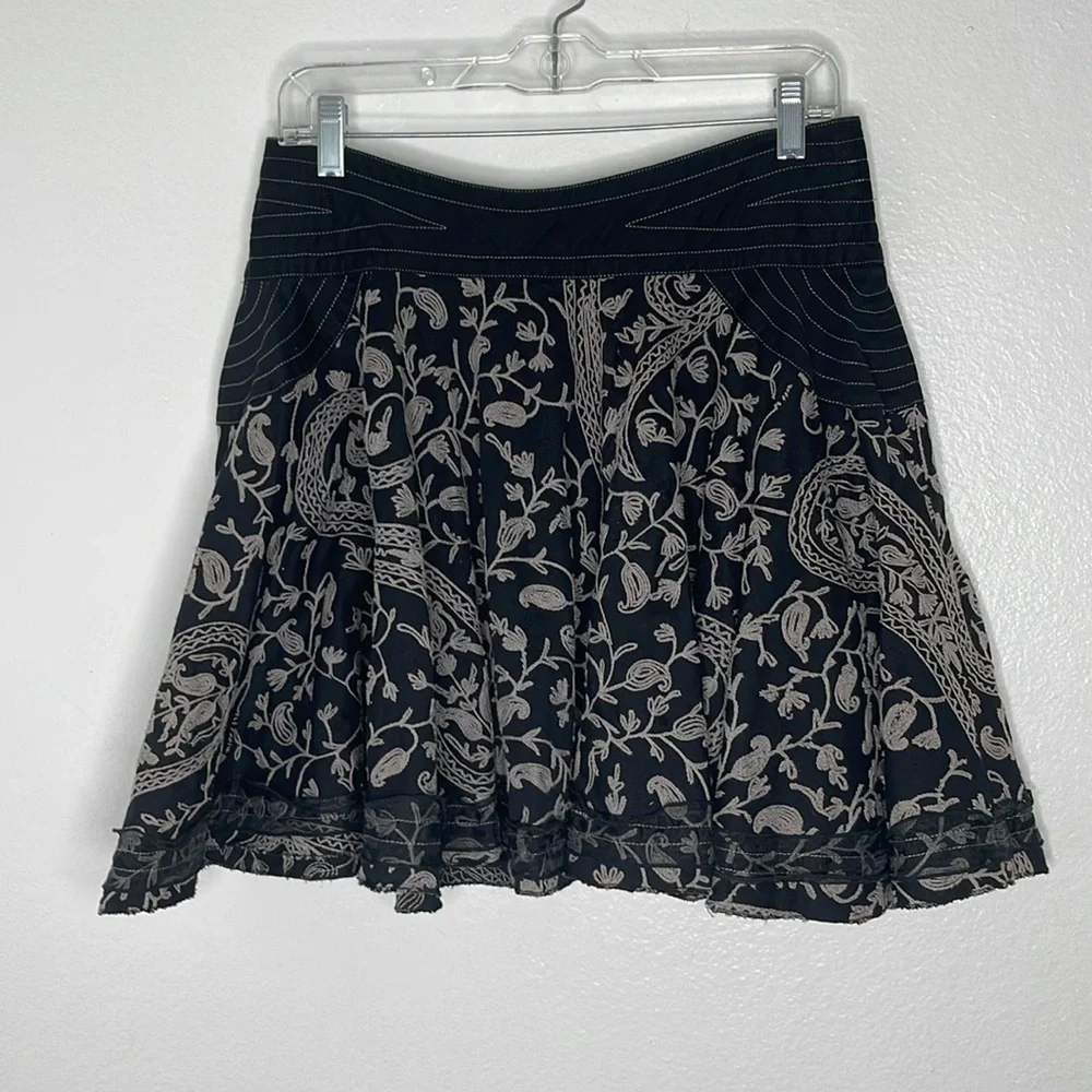 ARTKA Black Gray Embroidered Cotton Full Skater Mini Skirt Size XL / Medium